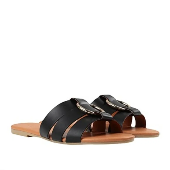 Pieces Vivi Black Leather Sandals Open Toe Slide On Shoes Size 38 7.5 8 Summer - Picture 13 of 13